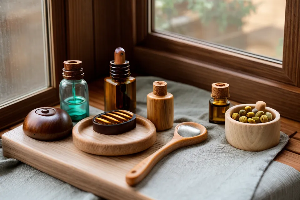 Aceite de almendras y rodillo de madera para el ritual de maderoterapia facial en casa