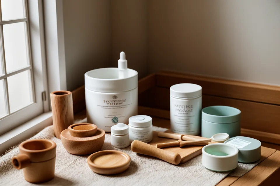 Curso online de maderoterapia facial abierto en un celular sobre mesa de madera, revisado como parte del autocuidado en casa.