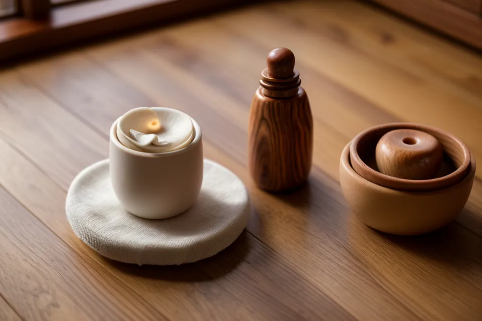 Hongo de madera para masaje facial relajante sostenido por una mano, una herramienta más de autocuidado en casa.