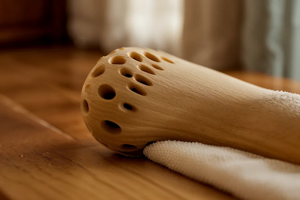 Detalle del rodillo liso de madera de haya usado en maderoterapia facial para piel sensible