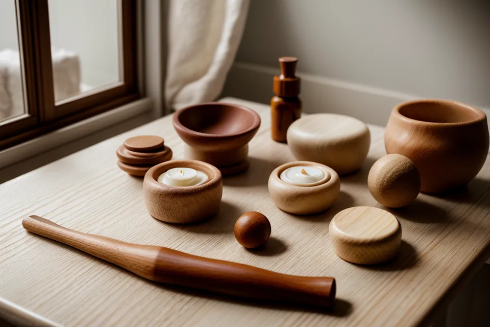 Rodillo de maderoterapia facial usado como decoración en una maceta, ejemplo de masaje hobby que no prosperó