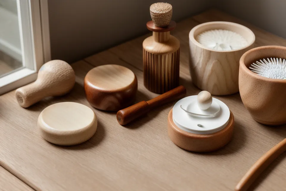 Mini champiñón de madera para maderoterapia facial, herramienta para el cuello y el escote sobre una toalla de lino.