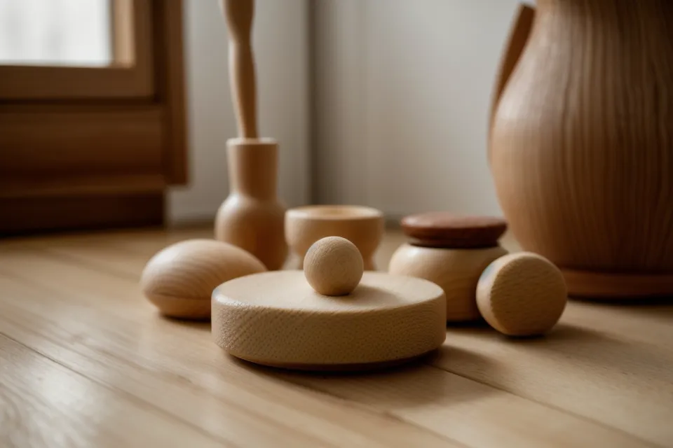 Gota de aceite de almendras sobre un rodillo de madera para maderoterapia facial, ritual de cuidado del escote.