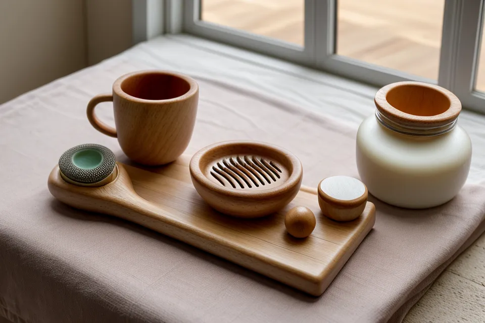 Set de 5 herramientas de madera para maderoterapia facial, palos de autocuidado dispuestos sobre una tela de lino