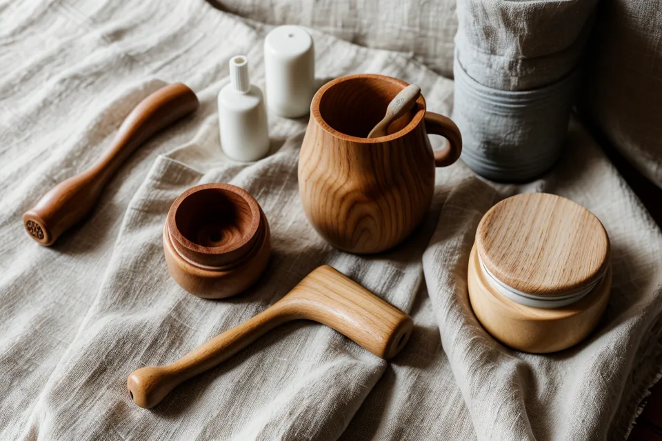 Escena acogedora con mate y rodillos de madera frente a una ventana en invierno, ritual de maderoterapia facial nocturna
