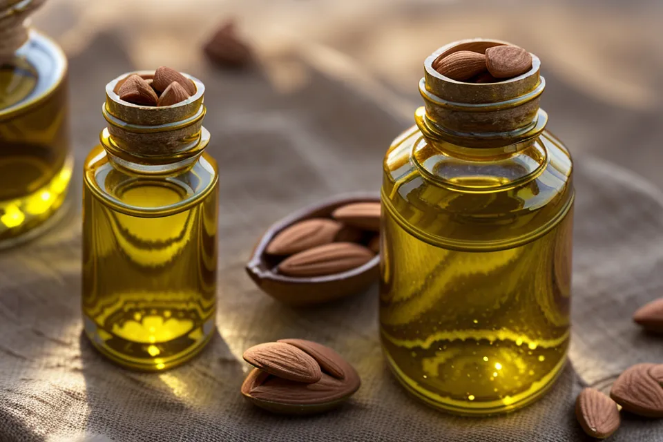 Botella de aceite de almendras e instrumento de madera para masaje facial en detalle