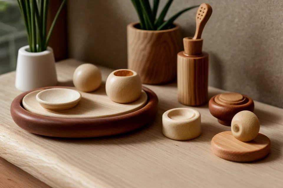 Teléfono con un curso de maderoterapia pausado junto a las herramientas de madera del ritual de autocuidado