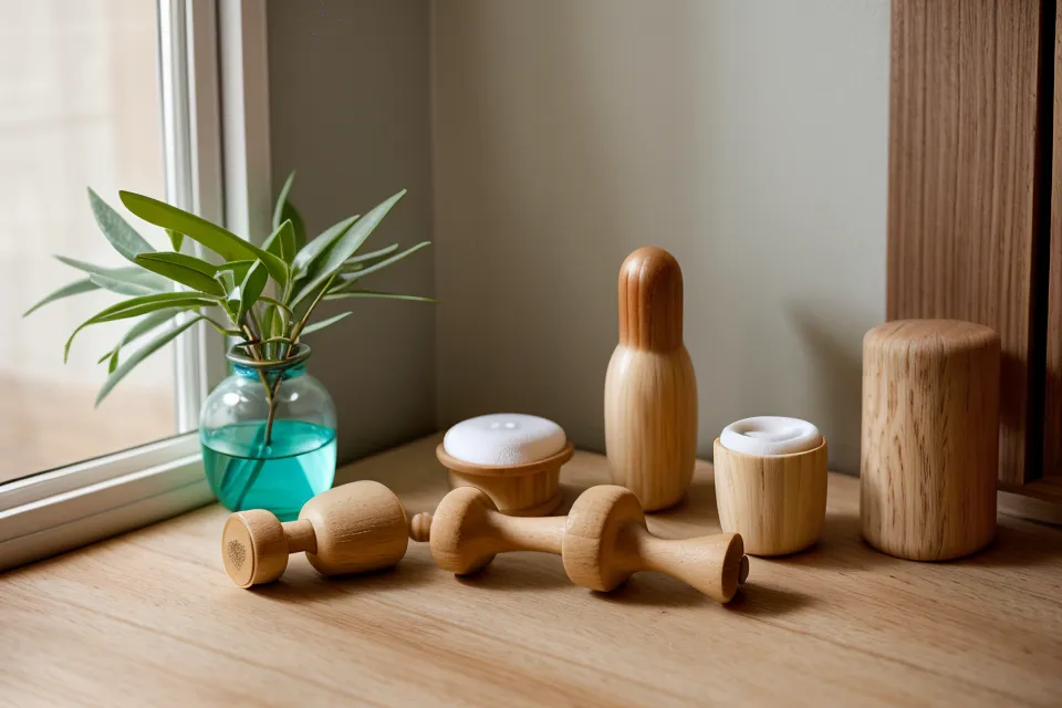 Frasco de aceite de almendras y copa sueca de madera para maderoterapia facial bajo luz cálida